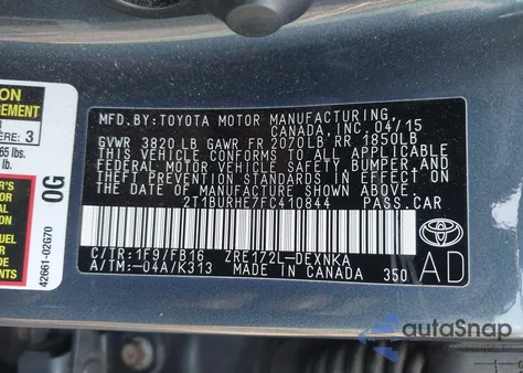 2015 Toyota Corolla Le из США, поврежденный, VIN 2T1BURHE7FC410844